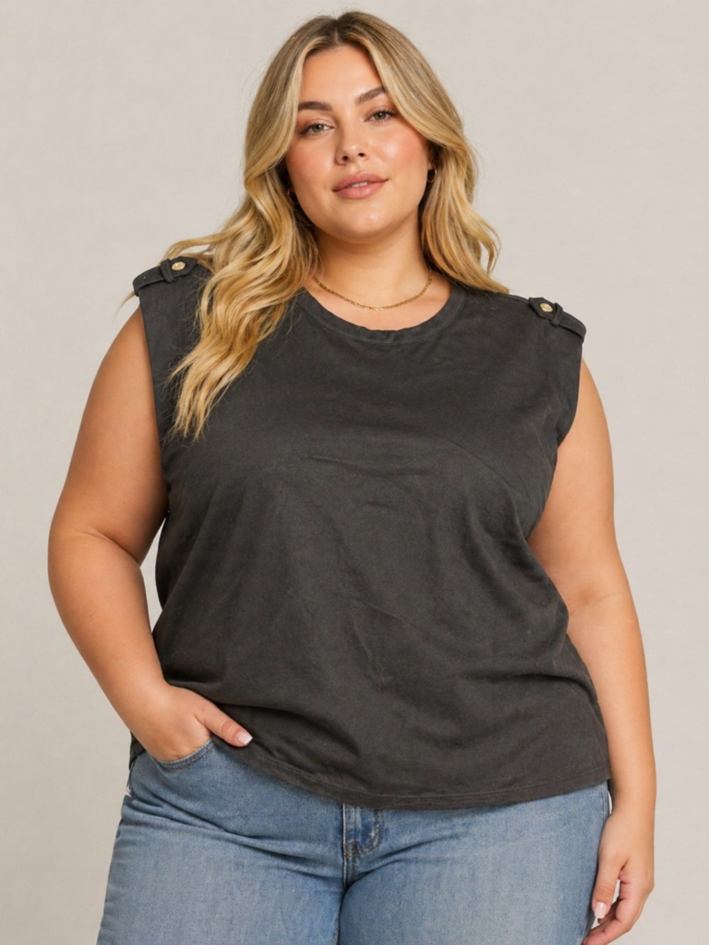 Anne Klein Black Sleeveless Muscle Tee Gold Button Shoulder Knit Top XL